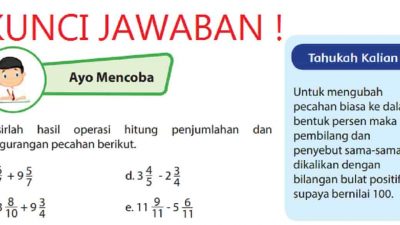 Kunci Jawaban Matematika Kelas 4 Halaman 39 40 Taksirlah hasil operasi hitung penjumlahan dan pengurangan pecahan berikut 6/7 + 9 5/7
