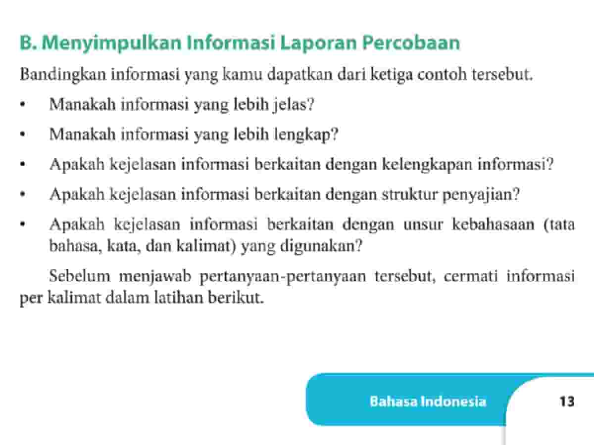 Kunci Jawaban Bahasa Indonesia Kelas 9 Halaman 13 Menyimpulkan Informasi Laporan Percobaan