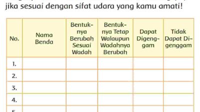 Lengkapi Tabel Berikut Berilah Tanda Centang (✓) Jika Sesuai Dengan Sifat Udara yang Kamu Amati Tema 3 Kelas 3 Halaman 95