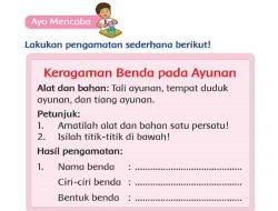 Nama Benda Ciri-Ciri Benda Tali Ayunan, Tempat Duduk Ayunan dan Tiang Ayunan Halaman 197 198 Kelas 2 SD