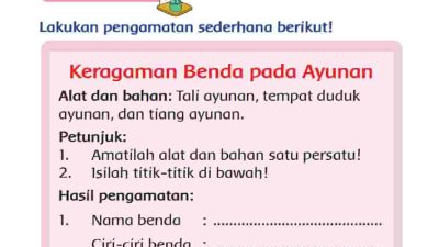 Nama Benda Ciri-Ciri Benda Tali Ayunan, Tempat Duduk Ayunan dan Tiang Ayunan Halaman 197 198 Kelas 2 SD