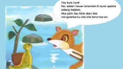 Contoh gambar cerita satu adegan gambar saja Suatu hari kancil sedang berbicara serius dengan kura-kura jawaban tema 4 kelas 5 halaman 105.