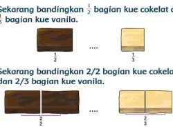 Jawaban Sekarang Bandingkan 1/2 Bagian Kue Cokelat dan 1/3 Bagian Kue Vanila Halaman 74 Tema 5 Kelas 3 SD