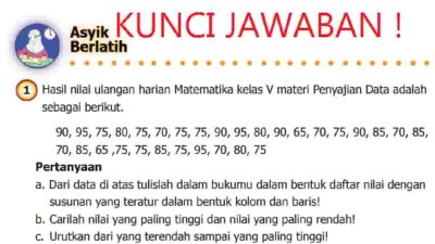 Hasil nilai ulangan harian Matematika kelas V materi Penyajian Data adalah sebagai berikut kunci Jawaban Matematika Kelas 5 Halaman 212