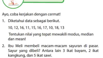Kunci jawaban Matematika kelas 6 SD MI halaman 188 Diketahui data sebagai berikut 10 12 16 11 15 16 17 10 18 13 Tentukan nilai yang tepat