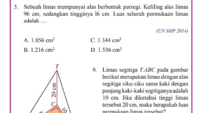 Sebuah Limas Mempunyai Alas Berbentuk Persegi Keliling Alas Limas 96 cm Sedangkan Tingginya l6 cm