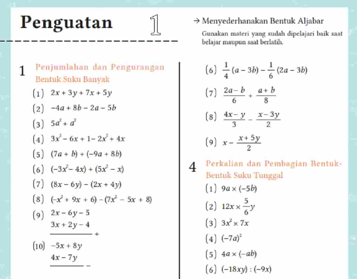 Kunci jawaban Matematika kelas 8 halaman 15 kurikulum merdeka Penguatan 1 Penjumlahan dan Pengurangan Bentuk Suku Banyak