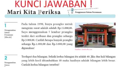 Kunci jawaban Matematika kelas 8 halaman 52 kurikulum merdeka Mari Kita Periksa Pada tahun 1990, biaya prangko untuk mengirim surat adalah adalah Rp.15.000,00